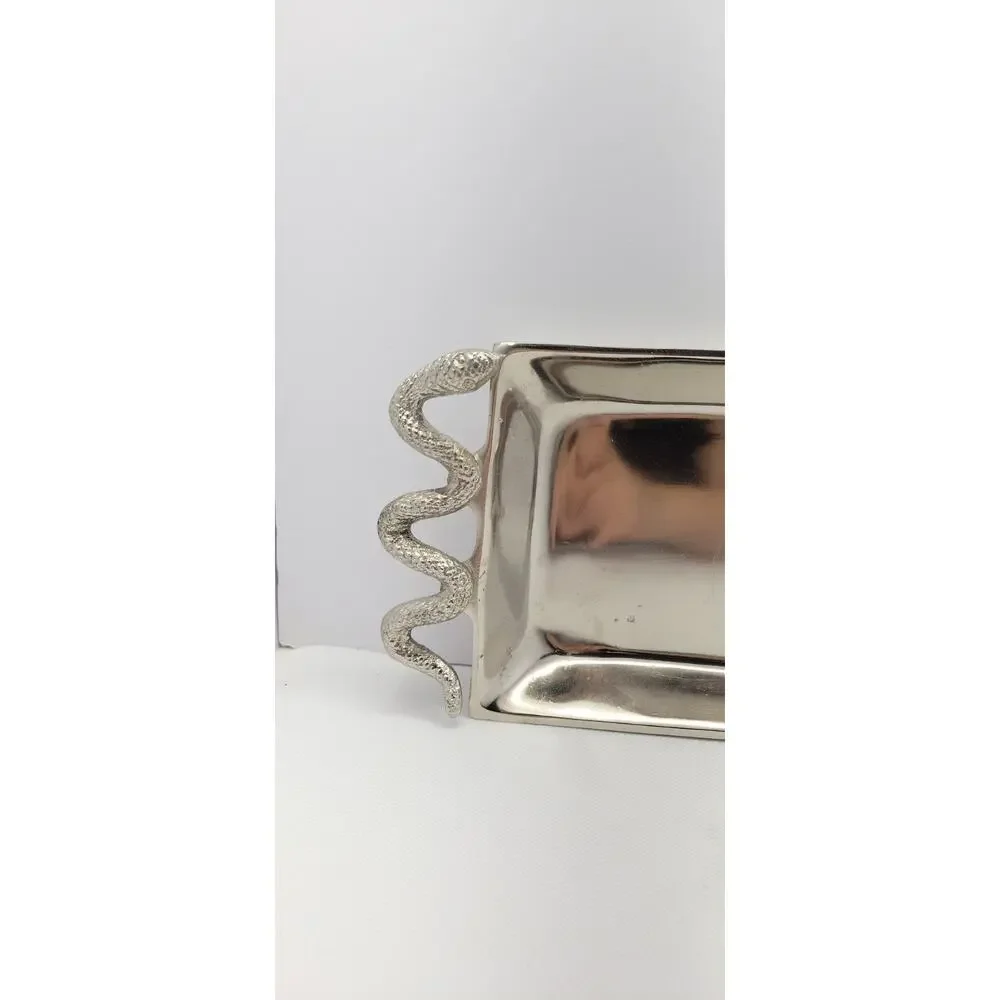 Snake Handle Silver Serving Tray Food Safe India Vanity Bar Coffee Table Decor